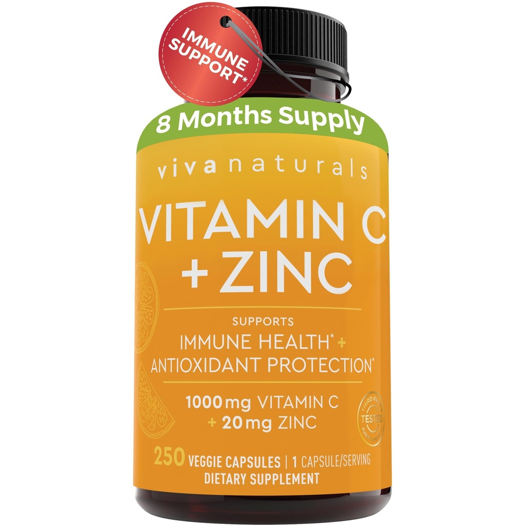 Viva Naturals Vitamina C e Zinc Supplementi 1000mg - Zinc 20mg (250 capsule vegetali) - Alta potenza e vitamina C con zinco per il supporto immunitario - Non OGM, Gluten Free (8 mesi di alimentazione)