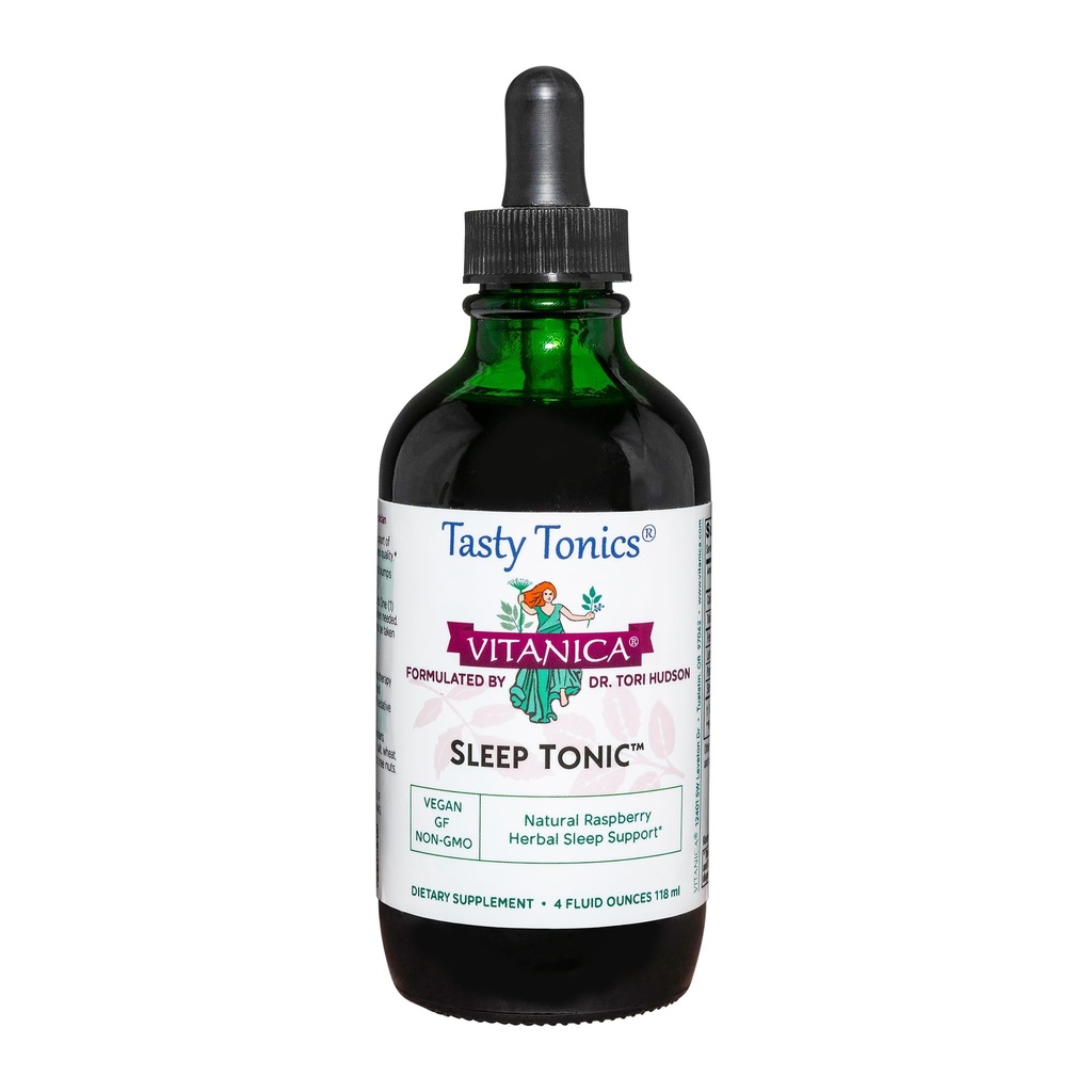 Vitanica Sleep Tonic, Natural Liquid Sleep Aid Supplement, Dr. Formulated, Relax and Calm Support for Adults, Stress Relief, Valerian Root, Lemon Balm, Passion Flower, Vegan, 4 oncia