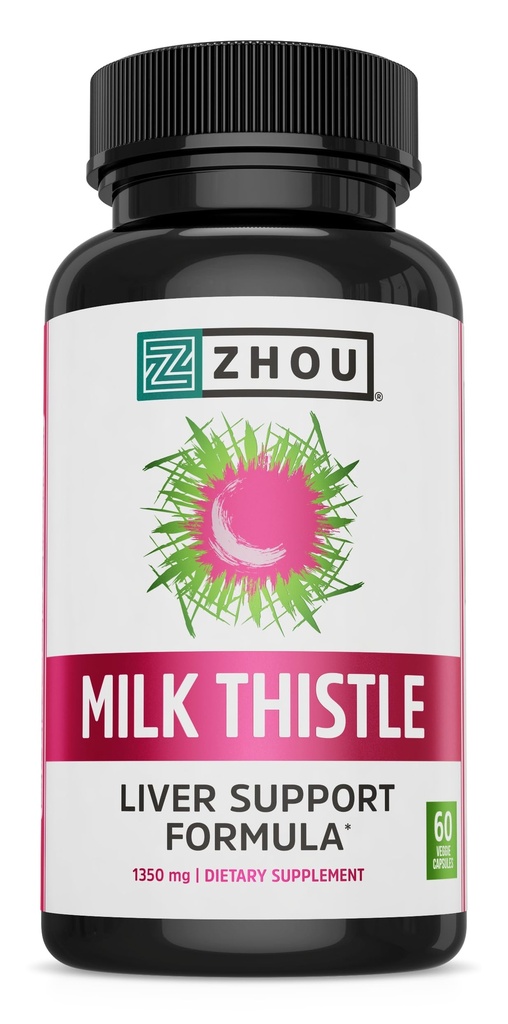Zhou Milk Thistle - Integratore per la salute del fegato, Estratto di cardo di latte di silimarina e polvere per gli uomini e le donne, Supporto per la pulizia di erbe, Salute metabolica - 60 capsule vegetariane