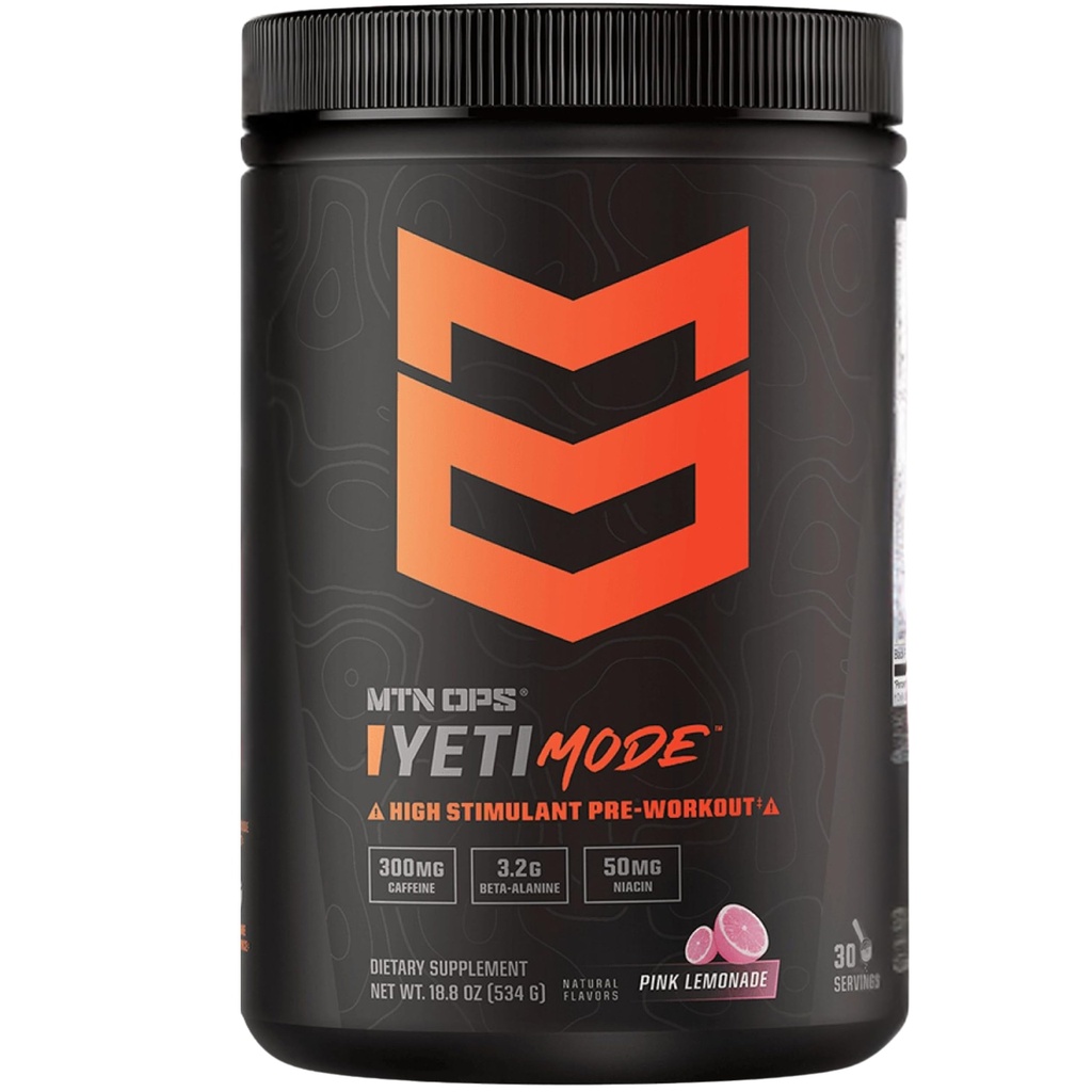 MTN OPS Yeti modalità pre-allenamento polvere - High-Stimolant esplosivo con 300mg di caffeina, creatina monoidrato, beta-alanina, e 45mg niacina - Pink Lemonade Flavor in 30 Serving Tub