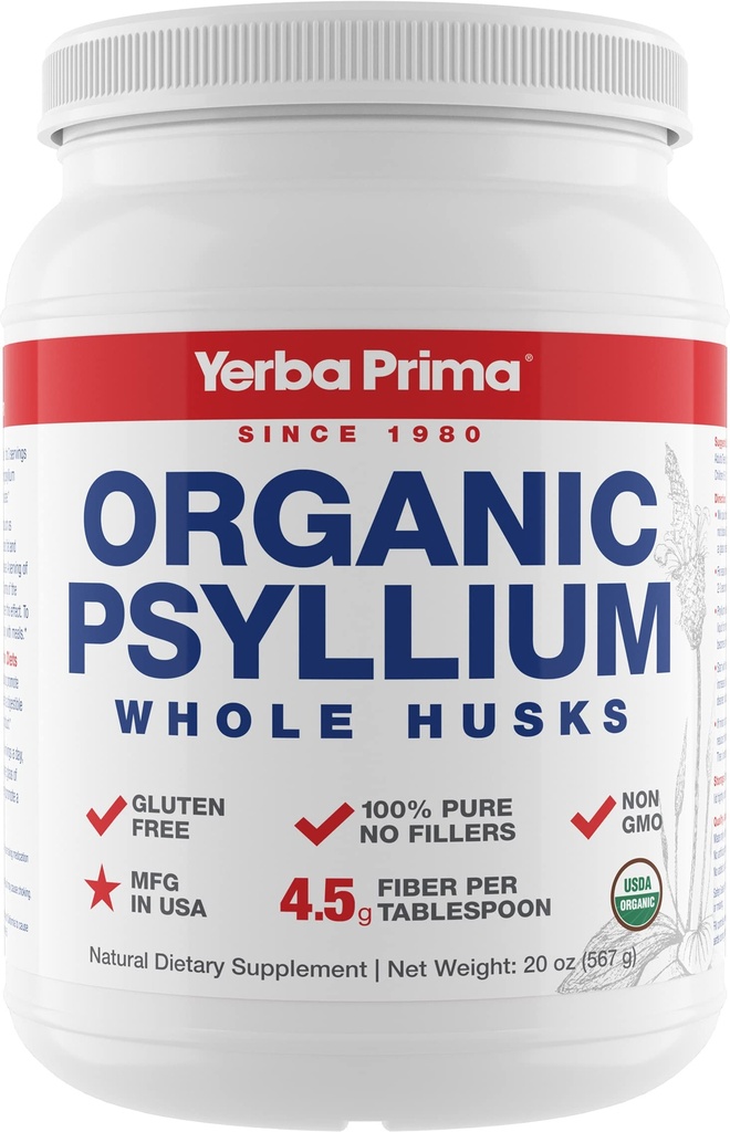 Yerba Prima Organic Psyllium Whole Husks Colon Cleanser - 20 oz - Natural Daily Dietary Fiber Supplement 20oz, Colon Cleanser, Regolarità & Detox Cleansing Support, Gluten Free, Non OGM, Vegan