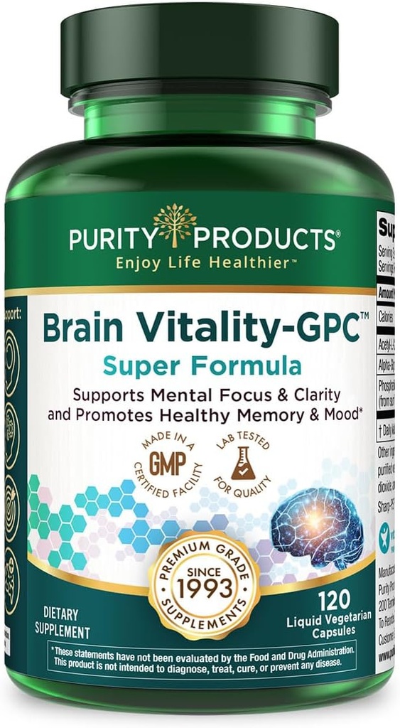 Prodotti di purezza Brain Vitality-GPC Super Formula Acetyl L-Carnitina HCI + Alpha GPC + Phosphatidlyserine - Supporta Concentrazione Normale e Clarity Mentale - 120 Caps