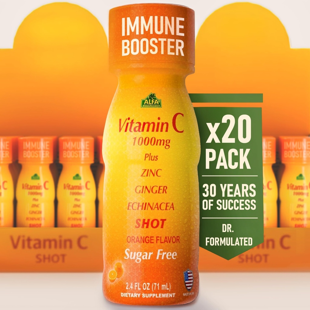 Vitamina C Shot 1000MG - Booster di immunità con zinco, Ginger, & Echinacea - Proteggere la vostra immunità - Combattere il freddo comune - Arancione Flavor - 2.4 FL Oz Bottiglia - 20 Pack