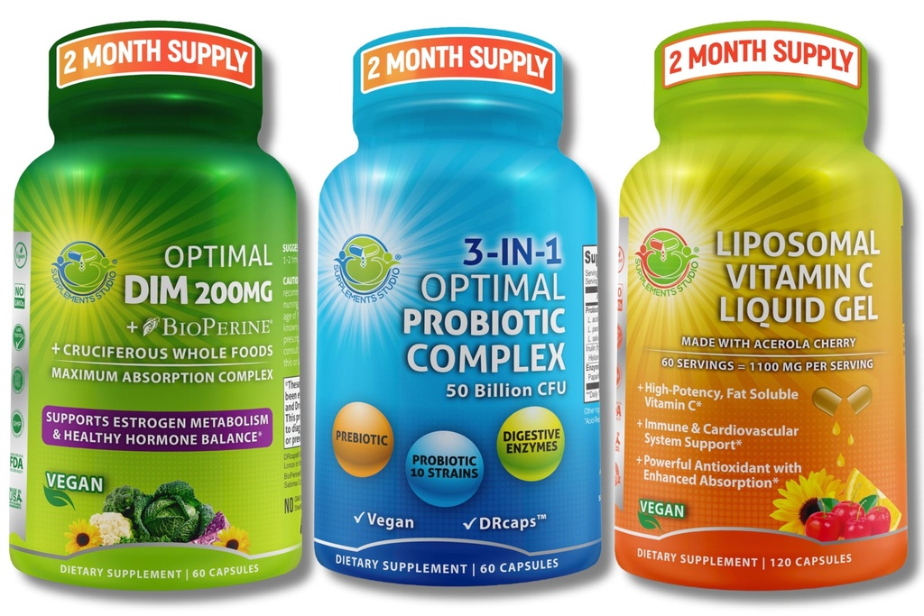 Bundle di supporto ormonale, digestivo e immunitario - DIM 200mg con BioPerine® & Cruciferous Whole Foods + Vegan 3-in-1 Probiotic 50 Billion CFU + Vitamina Liposomal C 1100mg con Acerola Cherry - Nessun Filler