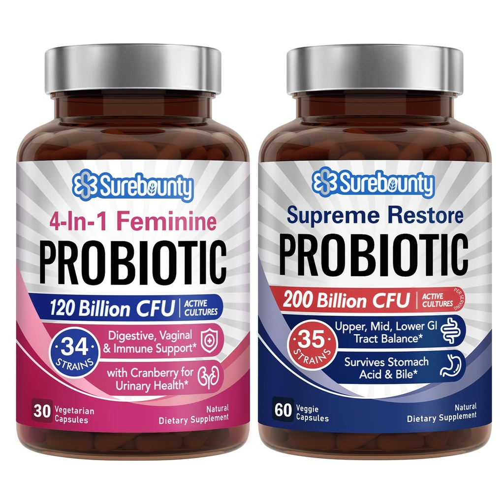 Probiotico Bundle, 4-in-1 Feminine Probiotic (30ct) & Supreme Restore Probiotico (60ct), 2 Pacchetti, Supporto Vaginale di Mirtillo, Bilancia Tratta GI, Vegan, Non-Dairy