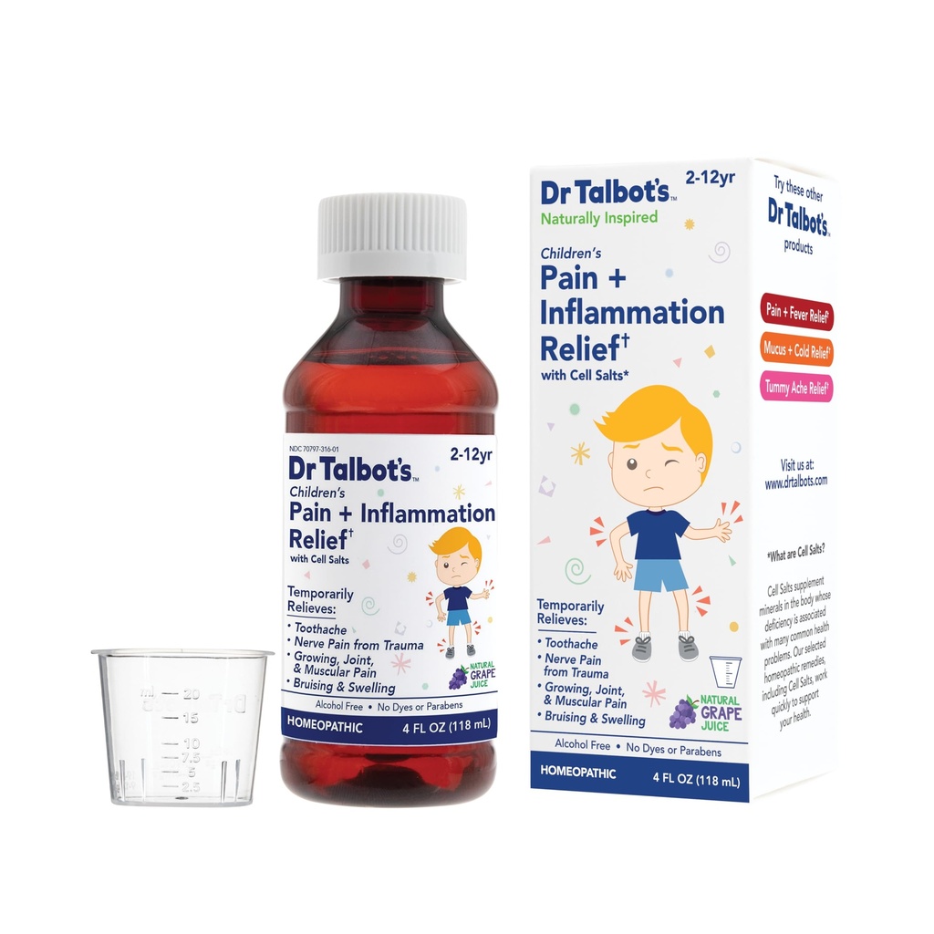 Dr. Talbot's Dolore + Inflammation Rilievo Medicina Liquida per Bambini, Include Dosage Cup, Uva Succo Gusto, 4 Fl Oz (Packaging May Vary)