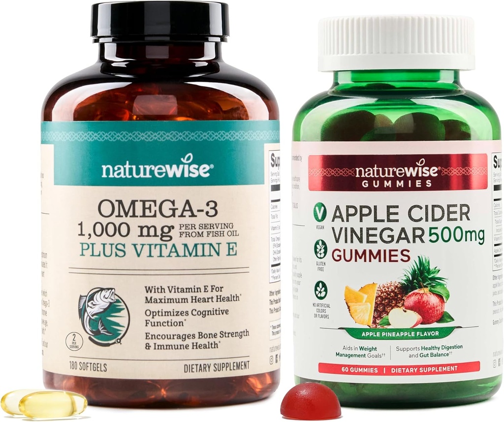 NatureWise Omega-3 Fish Oil 1000mg con E 180-Count+ Aceto di sidro di mele Gummies 500mg con B12, 60-Paese (Vegan Gummy) - Bundle per cuore, occhio, salute digestiva - Gluten Free, Soy-Free, Non OGM