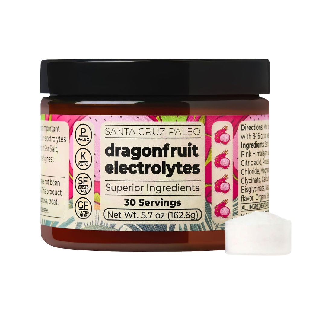 Polvere dell'elettrolita di Santa Cruz, aroma di frutta del drago, miscela di bevanda di idratazione senza zucchero con sale rosa dell'Himalaya, sale marino, glicinato di magnesio, cloruro di potassio, addolcito con Stevia, 30 Serve