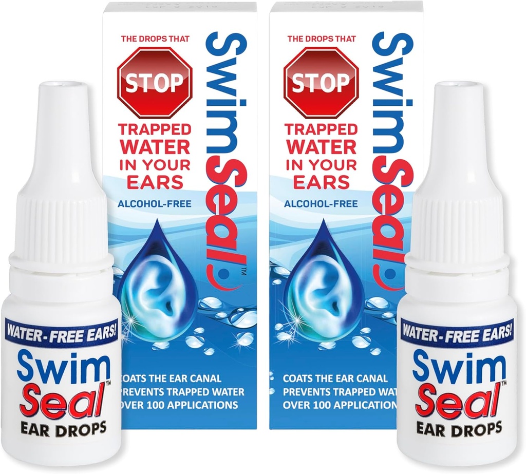 SwimSealTM Twin-Pack Tutte le gocce dell'orecchio del nuotatore naturale per uso quotidiano piuttosto che gocce di alcol o earplug. La soluzione per le orecchie per tutta l'esposizione dell'acqua per tutte le età.