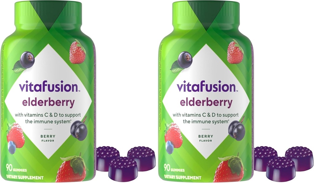Vitafusion Elderberry Gummy Vitamine, 90ct Elderberry Gummy Vitamins, Chewables, 90 Count (Pack of 2)