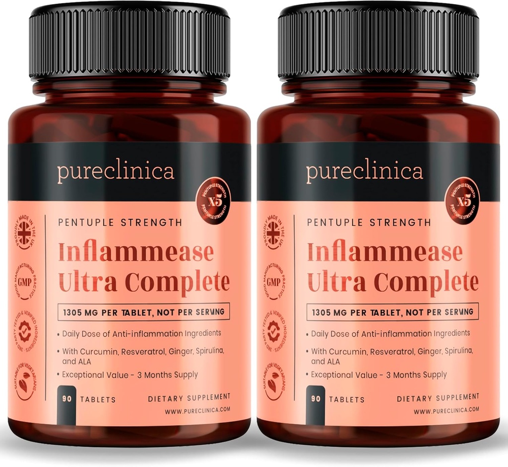pureclinica Inflammease Ultra Complete (Resveratrolo, Ginger, ALA, Spirulina, Curcumin- 5 Supplementi in uno) 1305mg x 180 Compresse - 2 Bottiglie di 90 compresse - 6 mesi di alimentazione!