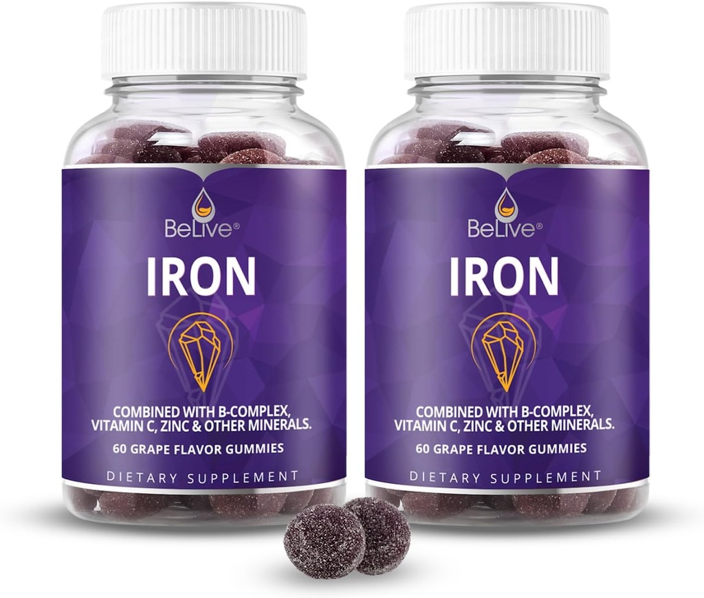 BeLive Iron Gummies - Supplemento di ferro multivitaminico con vitamina C, A, B & Zinc, Supporta l'ossigeno sanguigno, integratori vegani per le donne, uomini e bambini per la crescita e lo sviluppo - Uva Flavor | 2-Pack