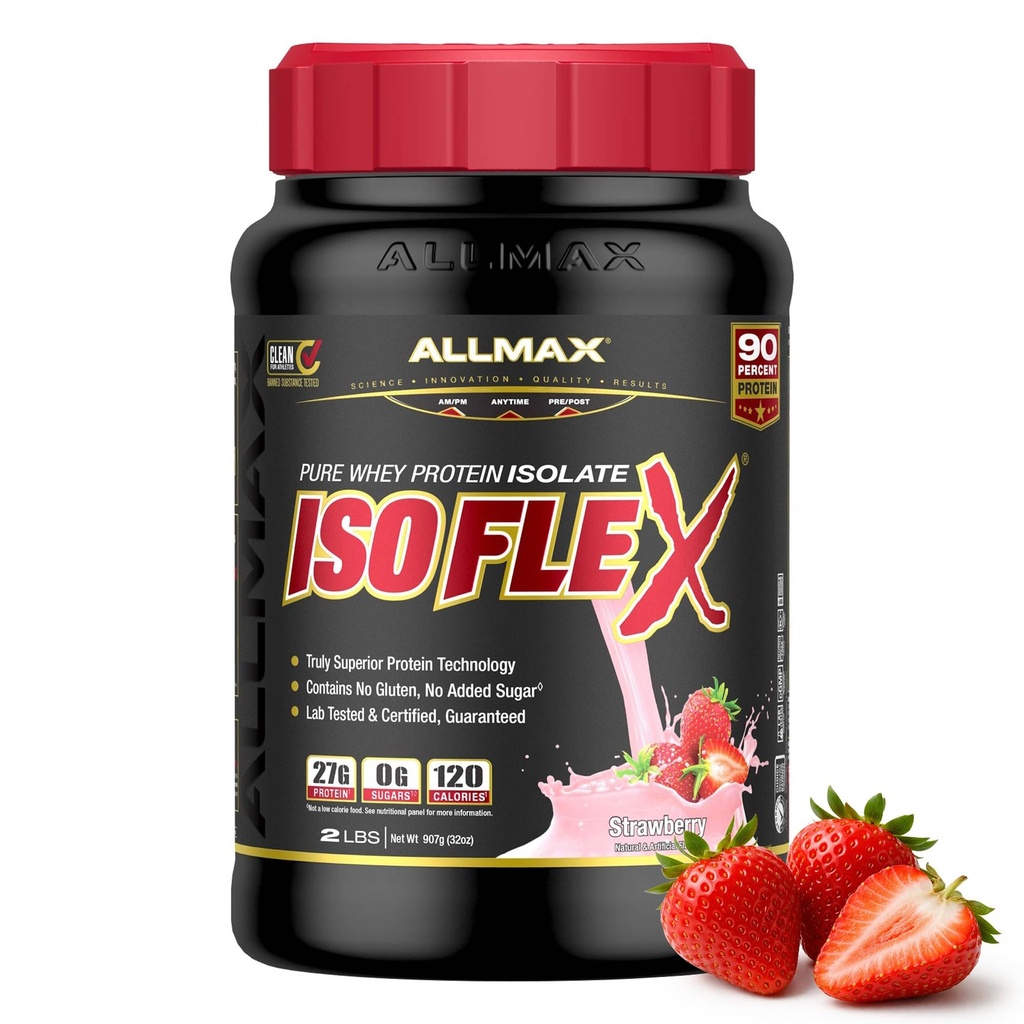 ALLMAX Nutrition ISOFLEX Isolato di proteine del siero, fragola - 2 lb - 27 grammi di proteine per Scoop - Zero Fat & Sugar - 99% Lattosio Libero - Gluten Free & Soy Free - Circa 30 Serve