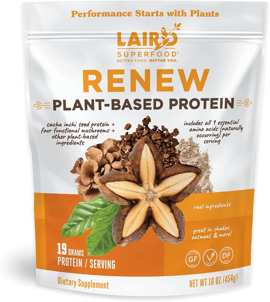 Laird Superfood rinnova la polvere proteica basata sulle piante, 19 Grams Protein, Vegan con Sasha Inchi Seed Protein, Quattro funghi funzionali, Preservative Free, Gluten-Free, Dairy-Free, 16 oz. Borsa
