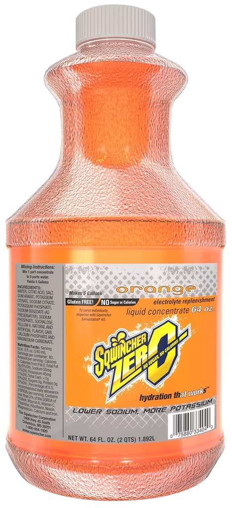 Sqwincher Zero Liquid Concentrate| Orange Flavored | Sugar Free | Low Calorie | Low Sodium | Electrolyte Replenishment Drink Mix | Rende 5 Galloni di Bevanda | 64 oz (Pacchetto di 6)