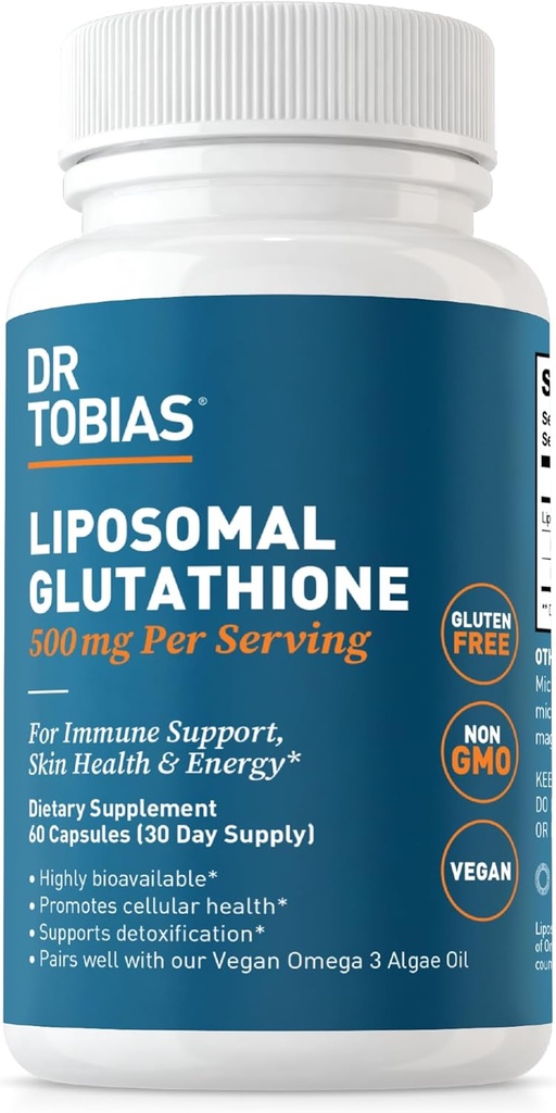 Dr. Tobias Glutathione Liposomal, 500mg Per Serving - Integratore Glutathione altamente biodisponibile, Supporta Energia, Pelle & Salute Immune - Vegan, Senza Glutine, Non OGM, 60 Capsule, 30 Serve