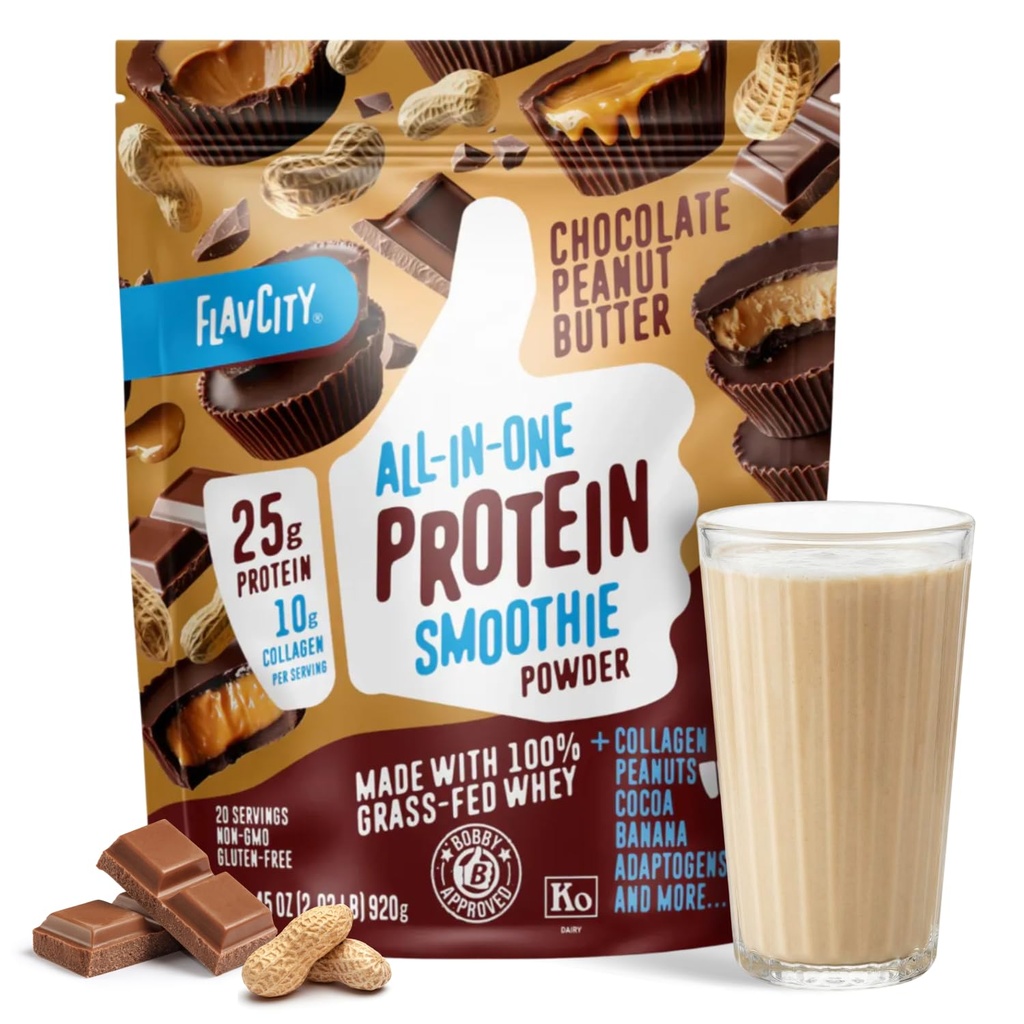 FlavCity Grass Fed Whey Chocolate Protein Powder - Burro di arachidi al cioccolato - 25g Protein & 10g Collagen - Realizzato con cacao biologico e latte di cocco - senza glutine & senza zuccheri aggiunti (20 Serve)