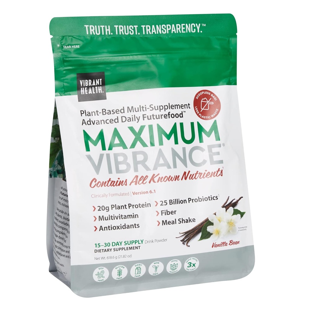 Salute Vibrante, Vibranza Massima, Integratore Superfood Basato sulle piante con un Multivitaminico, Proteine e 25 miliardi di CFU di Probiotici, Vanilla, 15 Poche Serve