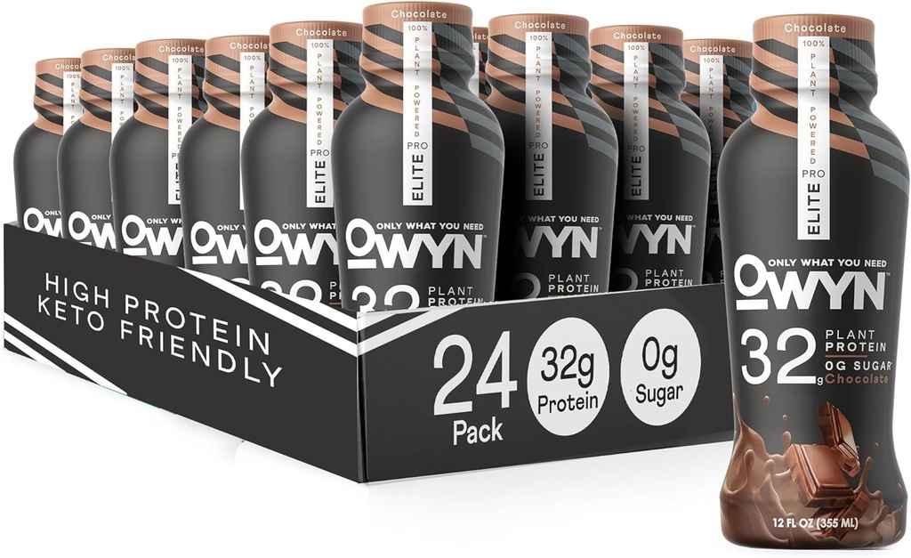 OWYN Solo quello che ti serve Pro Elite Vegan High Protein Keto Shake, 32g Protein, 9 Aminoacidi, Omega-3, Prebiotici, Allenamento e Recupero, 0g Carbi Net, Zucchero Zero (Chocolate, 12 Fl Oz (Pack of 24)