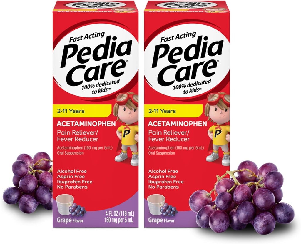 Riduttore di febbre per bambini con sospensione orale di Acetaminophen, età 2-11, alcool zero o aspirina o Ibuprofene, aroma di uva, 4 fl oz (2 Pack)