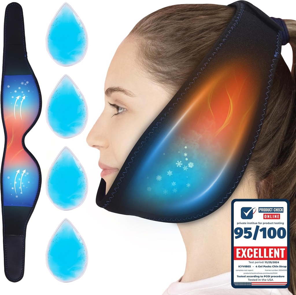 Premium 4 Gel Packs Chin Strap Flessibile caldo e freddo - pacchetti di ghiaccio per i denti di saggezza Refreezable Face Neck Head Airflow Jaw Bra pacchetto riutilizzabile per il sonno TMJ Relief e Pain Management Gift