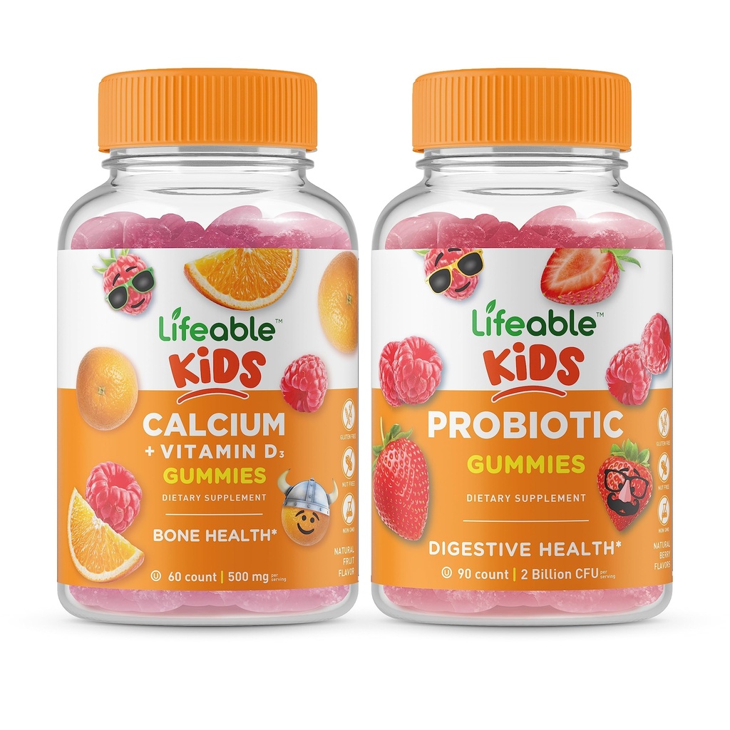 Calcio vitale con vitamina D bambini + Probiotico 2 miliardi di bambini CFU, Gummies Bundle - Grande degustazione, Supplemento di vitamina, senza glutine, OGM libero, pancia masticabile