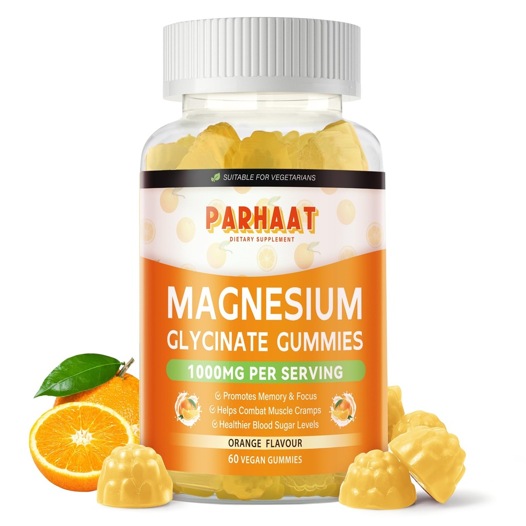 Magnesio Glycinate Gummies 1000mg - Zucchero Gratuito Magnesio Potassium Supplemento con Vitamina D, B6, CoQ10 per Calma Mood & Sleep Support - 60 Gummies Arancione