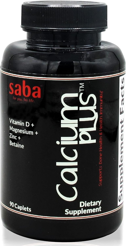 Saba Calcium Plus - Bone Strength - Calcio, Magnesio, Potassio, Vitamina D, Zinco, Betaina - OGM, Soia, Gluten ingredienti gratuiti - Integratore alimentare completo per la salute del chiodo, Immune - 90 Caplets