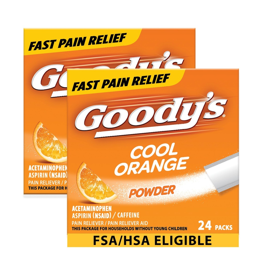 Polvere di mal di testa ad alta resistenza di Goody, pacchetti di dissolvenza di sapore arancione fresco, 24 pacchetti singoli (2 pacchetto)