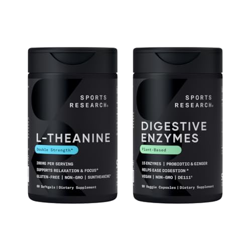 Ricerca sportiva Doppia resistenza L-teanina Supplemento Suntheanine Softgels for Focus, Relax & Alertness con olio di cocco 60 Conte e enzimi digestivi + Probiotici & Ginger Plant Based 90 Count