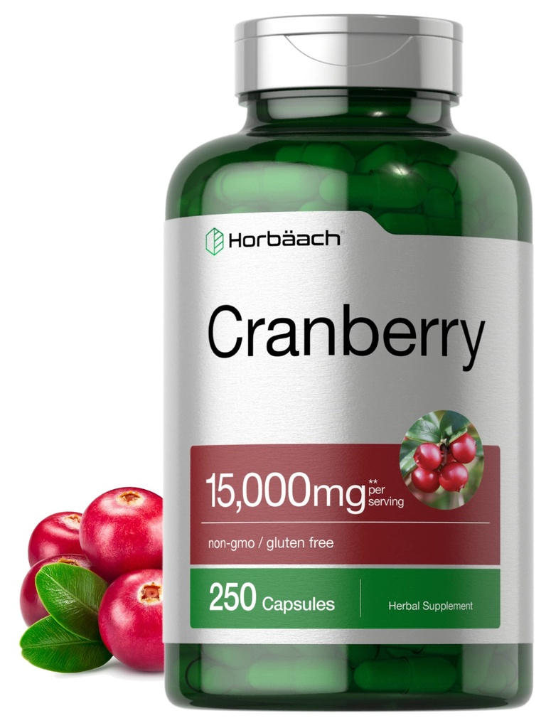 Horbäach Cranberry Pills + Vitamina C | 15.000mg | 250 capsule | Non OGM e Gluten Supplemento gratuito da Concentrate Extract