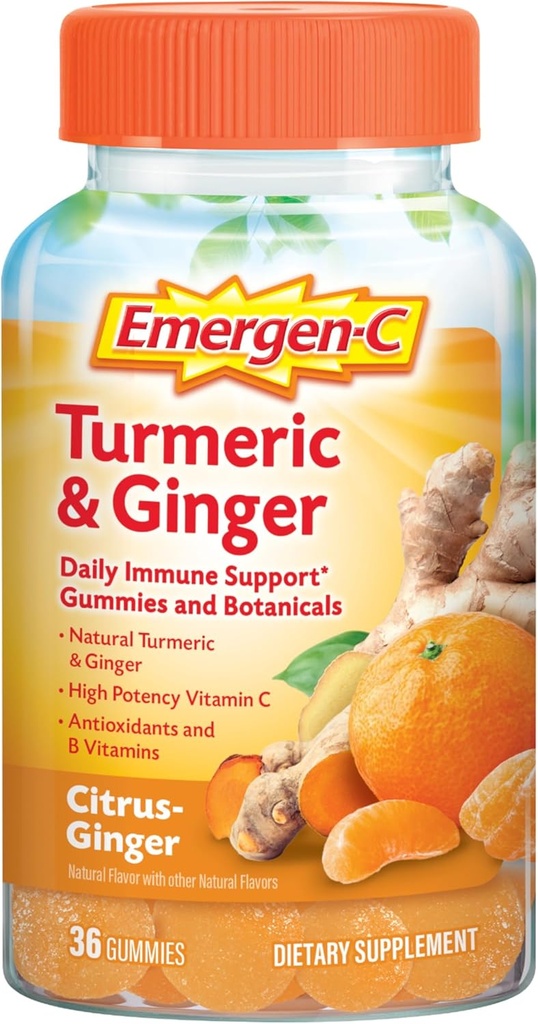 Emergen-C Citrus-Ginger Gummies, Turmeric e Ginger, Immune Support Natural Flavors With High Potency Vitamin C, Back to School Essentials - 36 Count