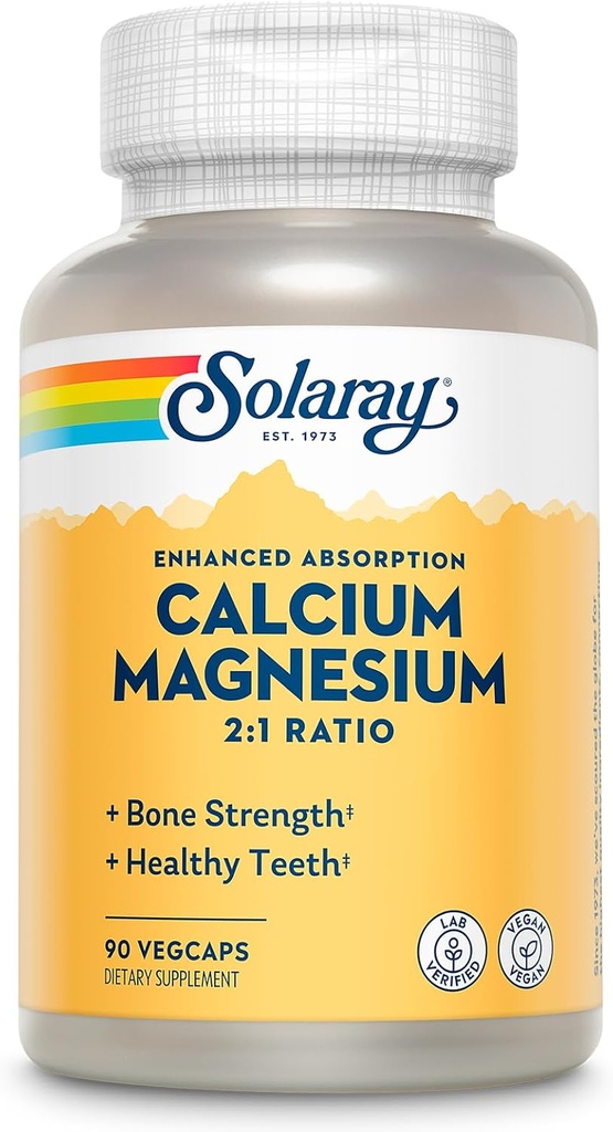 SOLARAY Calcium Magnesio Supplemento, Magnesio & Calcium Supplementi per le donne e gli uomini, 2:1 Ratio, Bone Salute & Forza, Vegan, Alta Assorbimento, 60-Giorni Garanzia, 22 Serve, 90 VegCaps