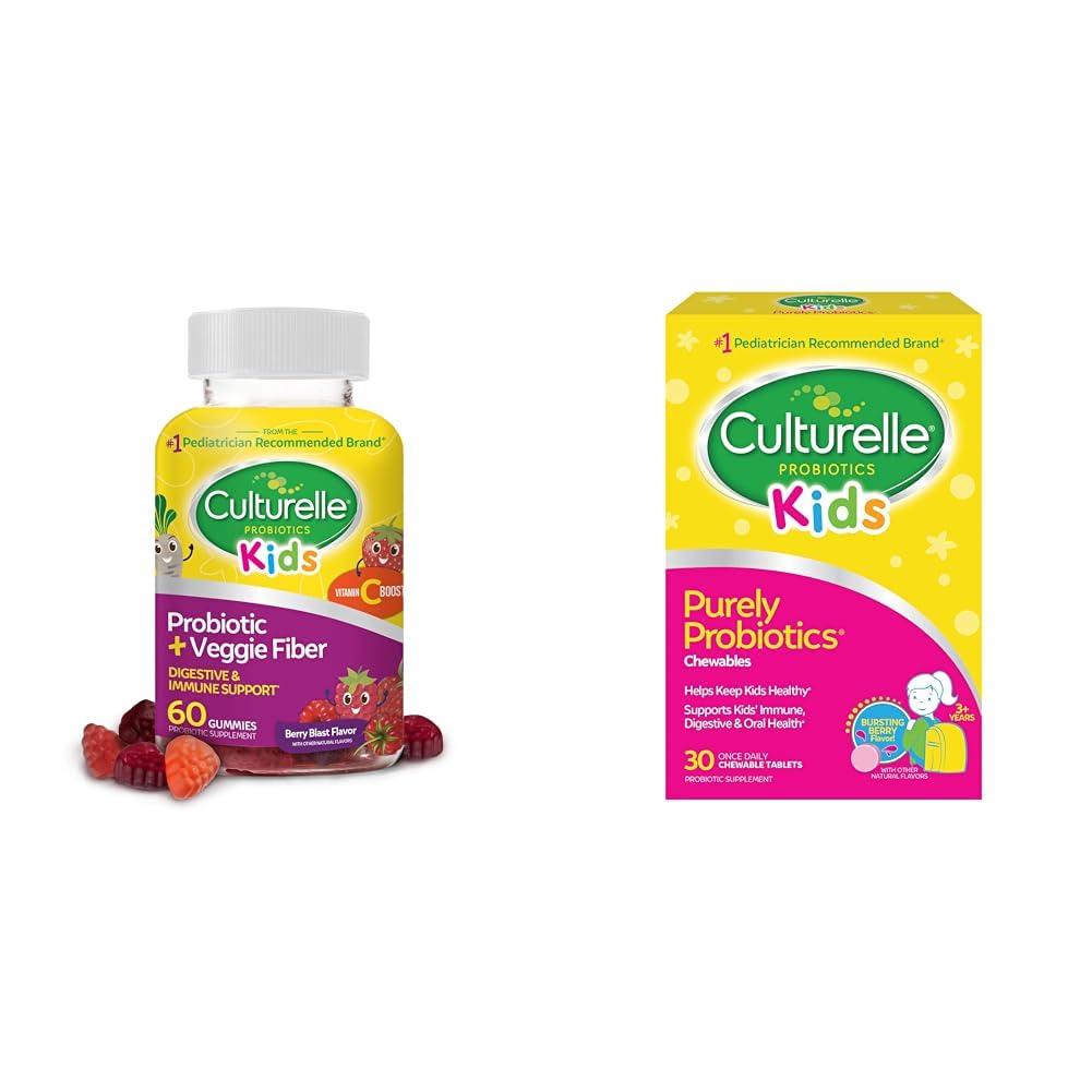 Culturelle Daily Probiotic per Bambini + Veggie Fiber Gummies (Ages 3+) - 60 Conte & Kids Chewable Daily Probiotic per Bambini, Età 3+, 30 Conte