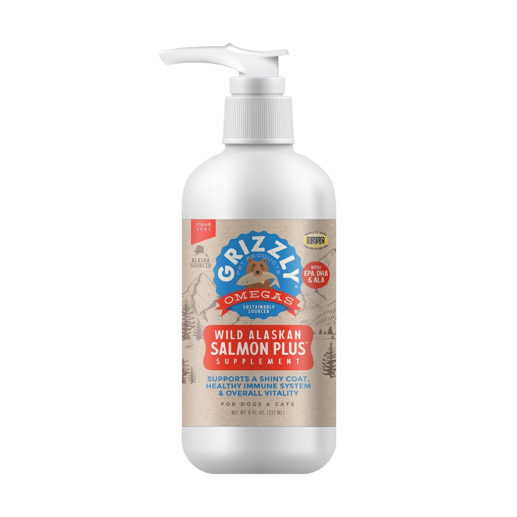 Prodotti per animali Grizzly Salmon Plus Omega 3-6-9 Integratore alimentare per cani e gatti, 8 once