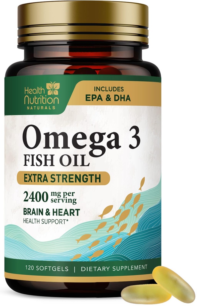 Omega 3 Fish Oil 2400 mg - Supplementi Triple Strength Omega-3 - Natural Brain Heart Health & Immune Support - acidi grassi con EPA & DHA - Wild Caught Purified Fish Oil Supplement - 120 Softgels