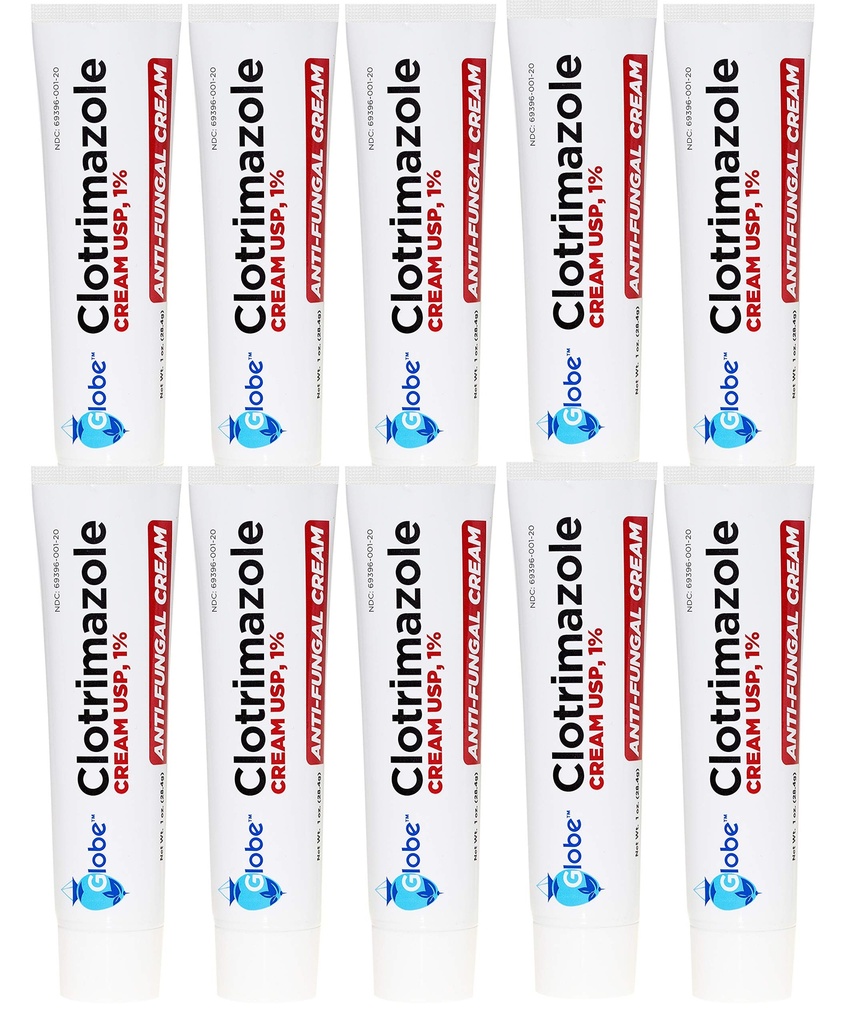 Globo Clotrimazolo Antifungal Crema 1% USP, 1 oz (10 Pack), Anti Fungal Trattamento, Allevia prurito, Bruciare, Cracking e Scalare Athletes Athletes Ati, Jock Itch, Ringworm e altro