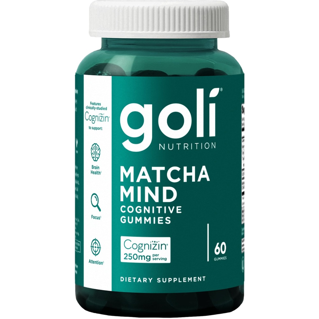 Goli Matcha Mind Gummies - 60 Conte - Il tè verde lascia la polvere con Cognizin per la messa a fuoco, l'attenzione e la salute del cervello, Vegan, non OGM, senza glutine & Gelatin Free.