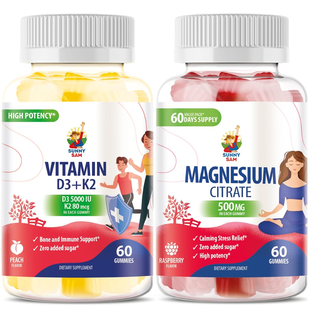 Vitamina D3 K2 Gummies 5000 IU - Immune & Bone Suppor & Magnesium Gummies per bambini e adulti - 500mg