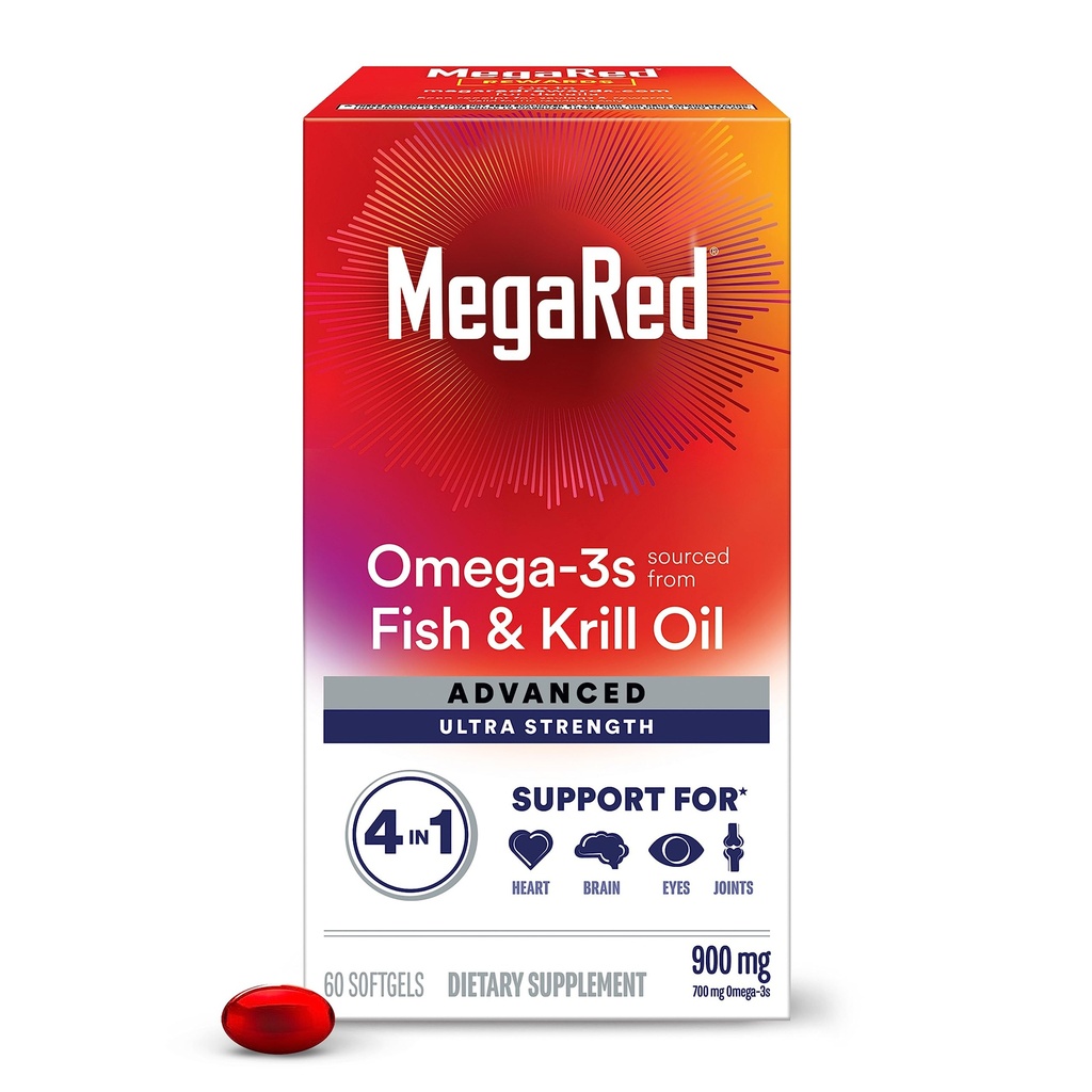Megared Omega-3 Pesce & Krill Olio Supplemento 900mg - MegaRed Advanced 4in1, 60 softgels, 2x Più Omega-3, Cuore, Giunto, Cervello e Occhi Supplemento, Rosso, 60 Conte