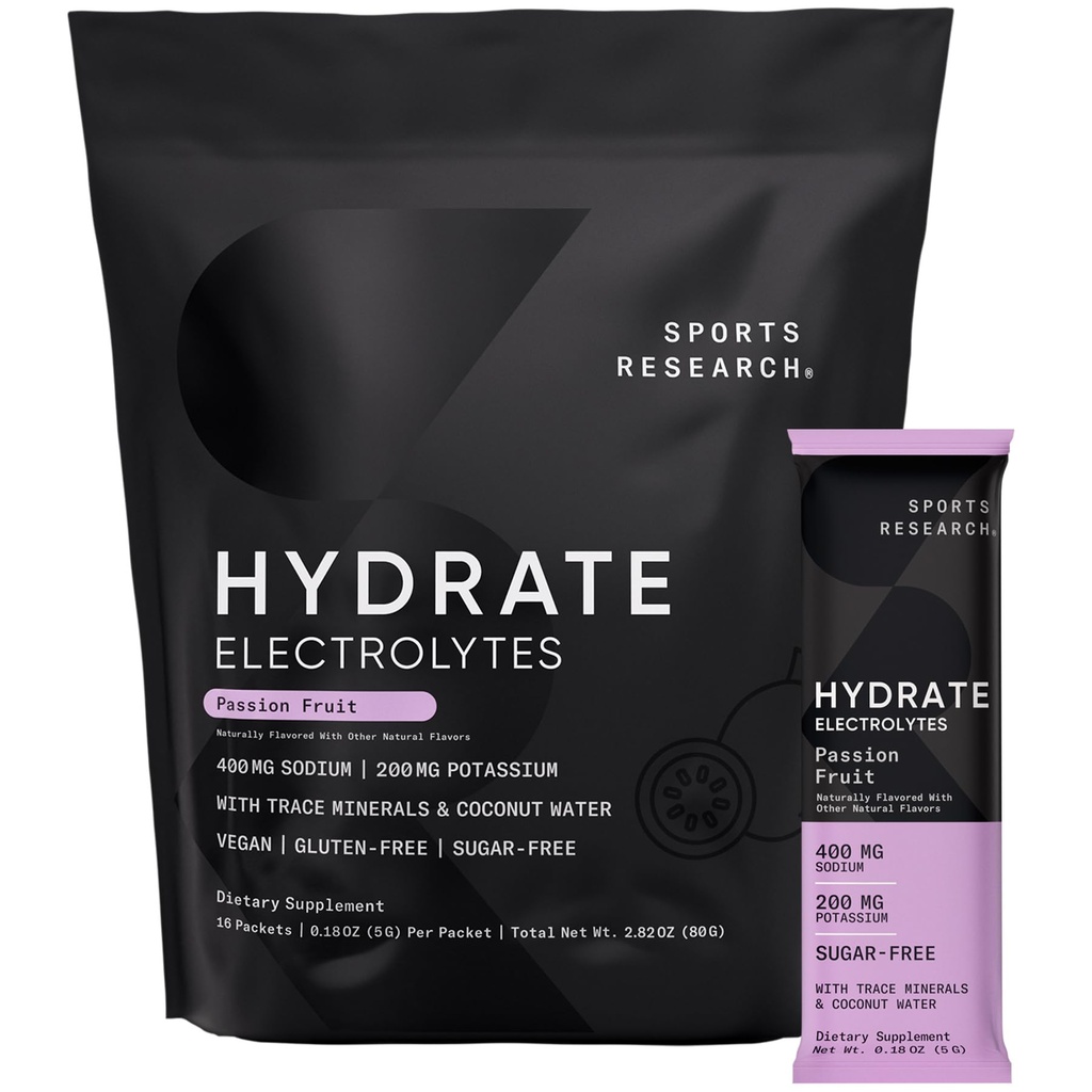 Imballi in polvere per elettroliti di Hydrate Sports Research® - Zucchero-Free e naturalmente aromatizzati con vitamine, minerali e acqua di cocco - Supporta l'idratazione - 16 confezioni - Frutta della passione