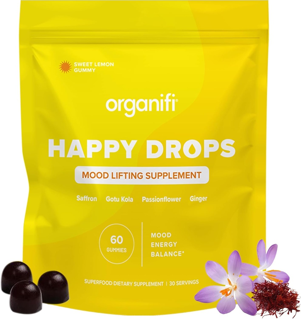Organifi Happy Drops - Daily Superfood Happy Gummies for Adults - Mood Support Supplement per Balance, Bliss, Energy e Taking The Edge Off - Sweet Lemon Flavor - 60 Gummies