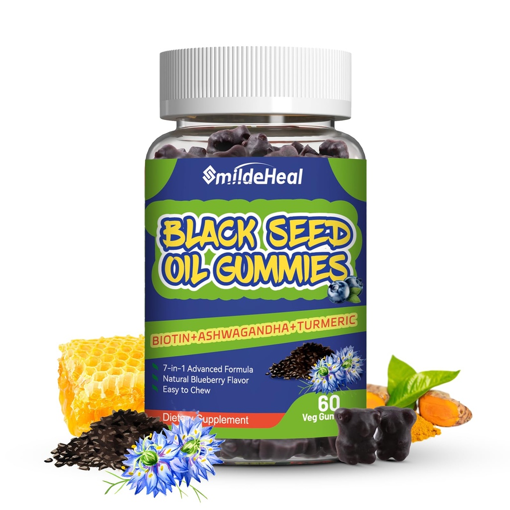 Gummie di olio di semi neri, Gummie di olio di semi di cumino nero, Olio di semi di cocco nero 500mg, Masticabile nero Seme e Gummie di miele, Vegan, 60 Gummies