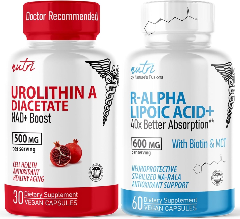 Fusioni naturali Urolitina A Diacetato 500mg & R Acido alfa lipoico 600mg (60 capsule) - Antiossidante/Energia Bundle