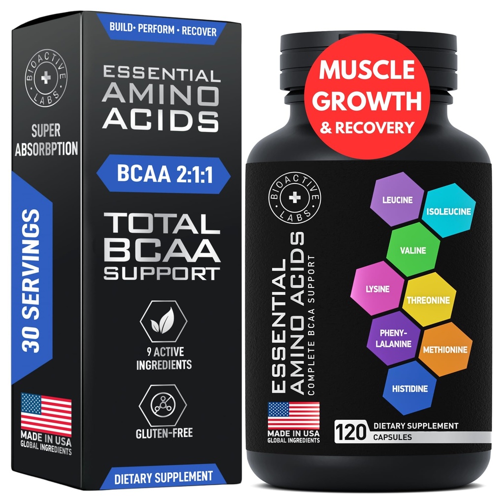 Supplemento di aminoacidi essenziali per le donne e gli uomini - Vegan BCAA Aminoacido complesso per la crescita del muscolo con tutti gli aminoacidi essenziali 9 BCAAs - Advanced Workout Power & Recovery Formula - 120 EAA BCAA Pills
