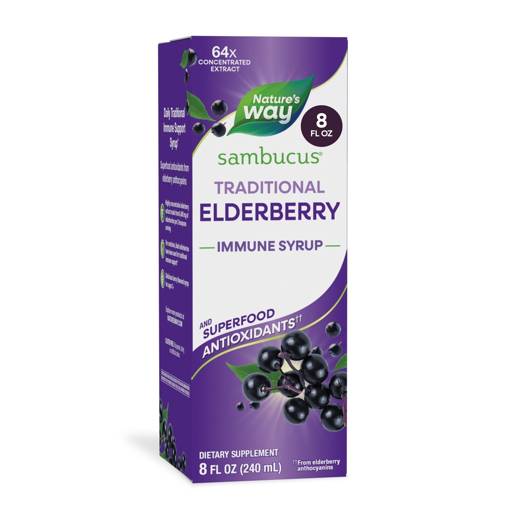 Sciroppo Immune Tradizionale Sambucus Elderberry, Estratto di Mirtillo Nero Altamente Concentrato, Supporto Immune Tradizionale*, Delicious Berry Aromaed, 8 Fl Oz (Packaging May Vary)