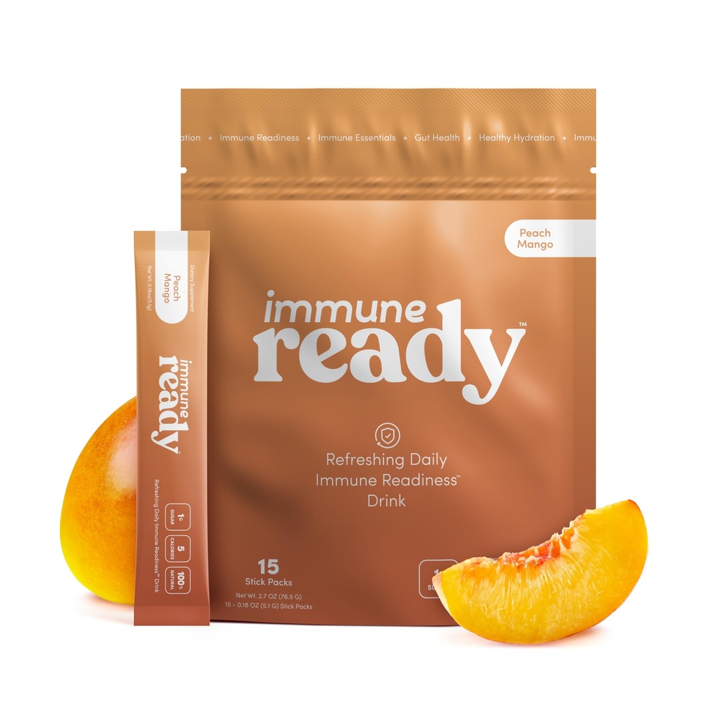 Immune ReadyTM Electrolytes Powder Packets – Immunity Boost Drink Mix con vitamina C, Zinc Picolinate, Inulina Powder & Beta Glucan – Zucchero-Free Peach-Mango, 15 Serve