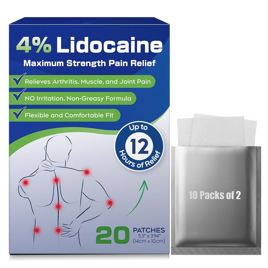 Uposiut 4% lidocaina patch, 20 conteggi massima resistenza lidocaina patch (20 patch), per il sollievo del dolore muscolare nel collo, spalle, schiena, ginocchio e anks, 12 ore dolore sollievo-012345