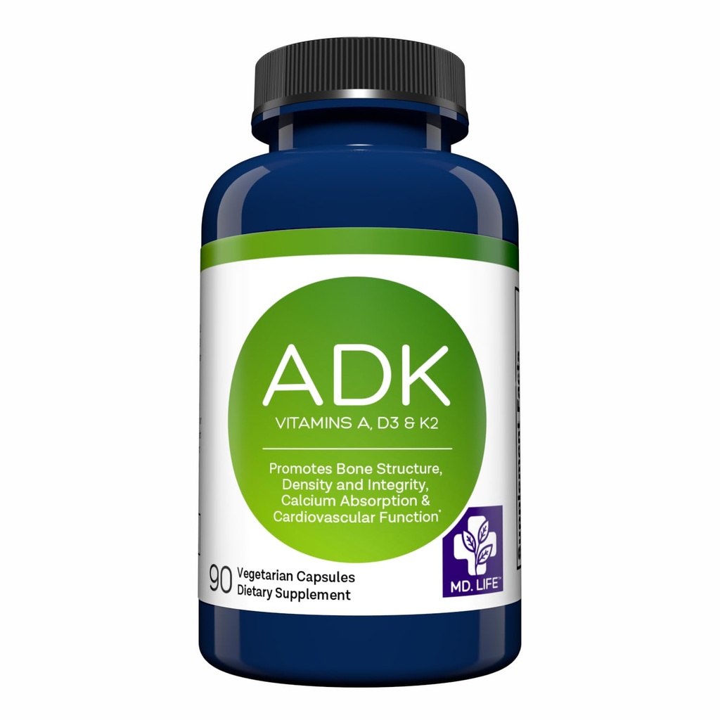 MD.LIFE ADK Vitamin Supplemento – Vitamina D3 K2 e A Complex – 120 capsule – Alta Potenza Vitamina ADK per Bone e Heart Health Support