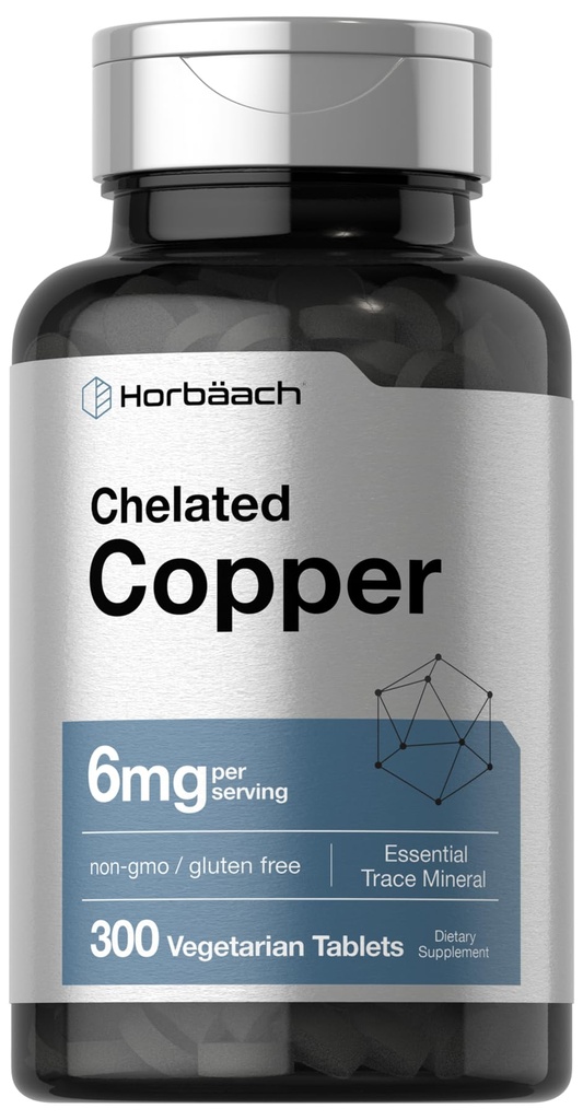 Horbäach Chelated Copper Supplemento 6mg | 300 compresse | Essential Trace Mineral | Vegetariano, Non OGM, Gluten Free